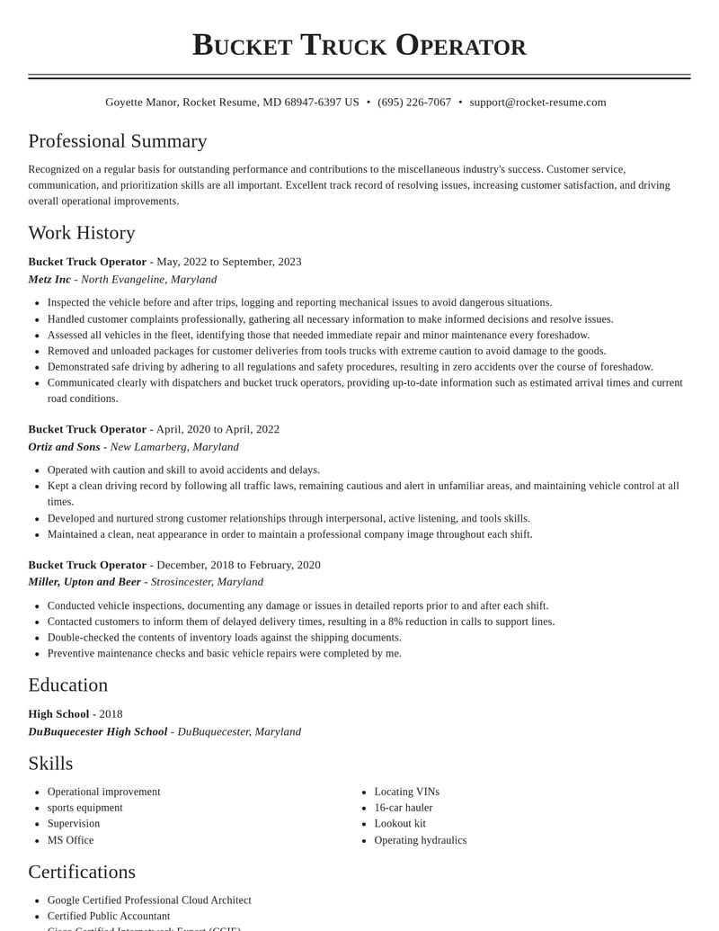 bucket truck operator misc resume classic template 2 cla