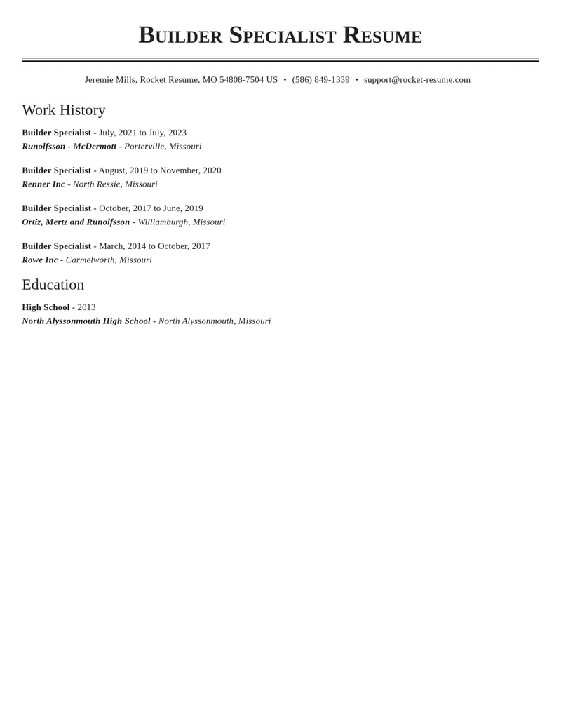 builder specialist misc resume classic template 0 cla