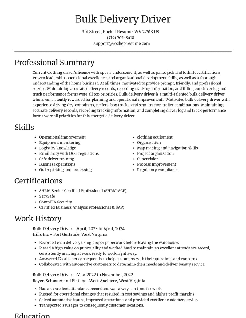 bulk delivery driver misc resume focal point template 2 foc