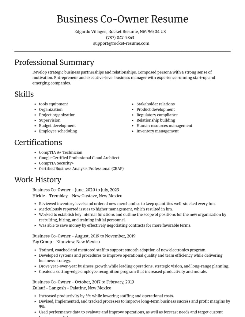 business co owner misc resume focal point template 2 foc