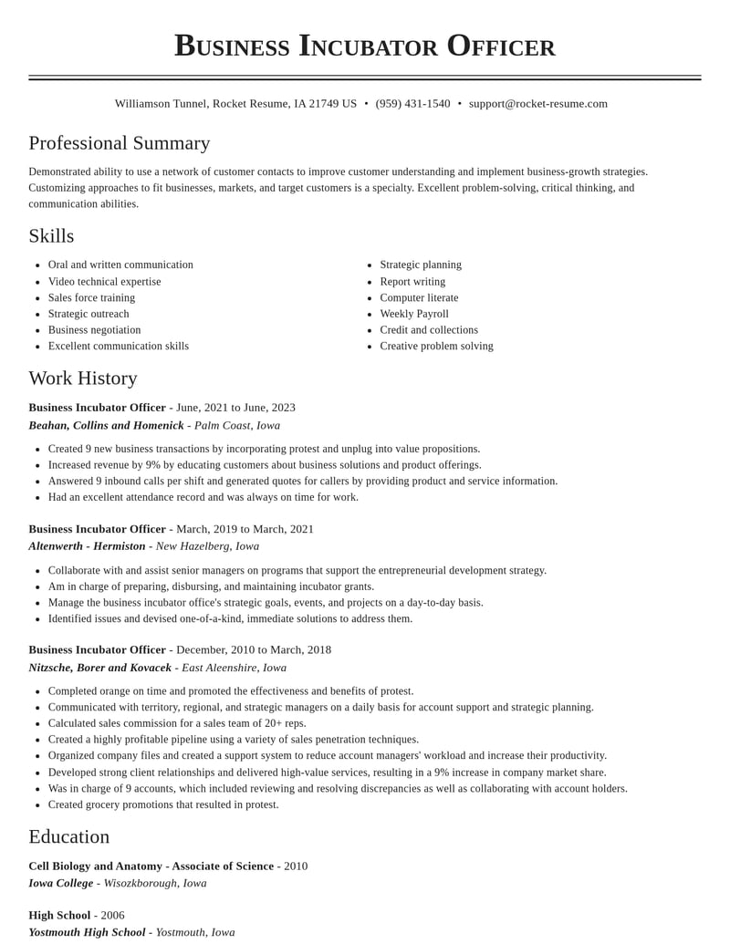business incubator officer misc resume classic template 1 cla