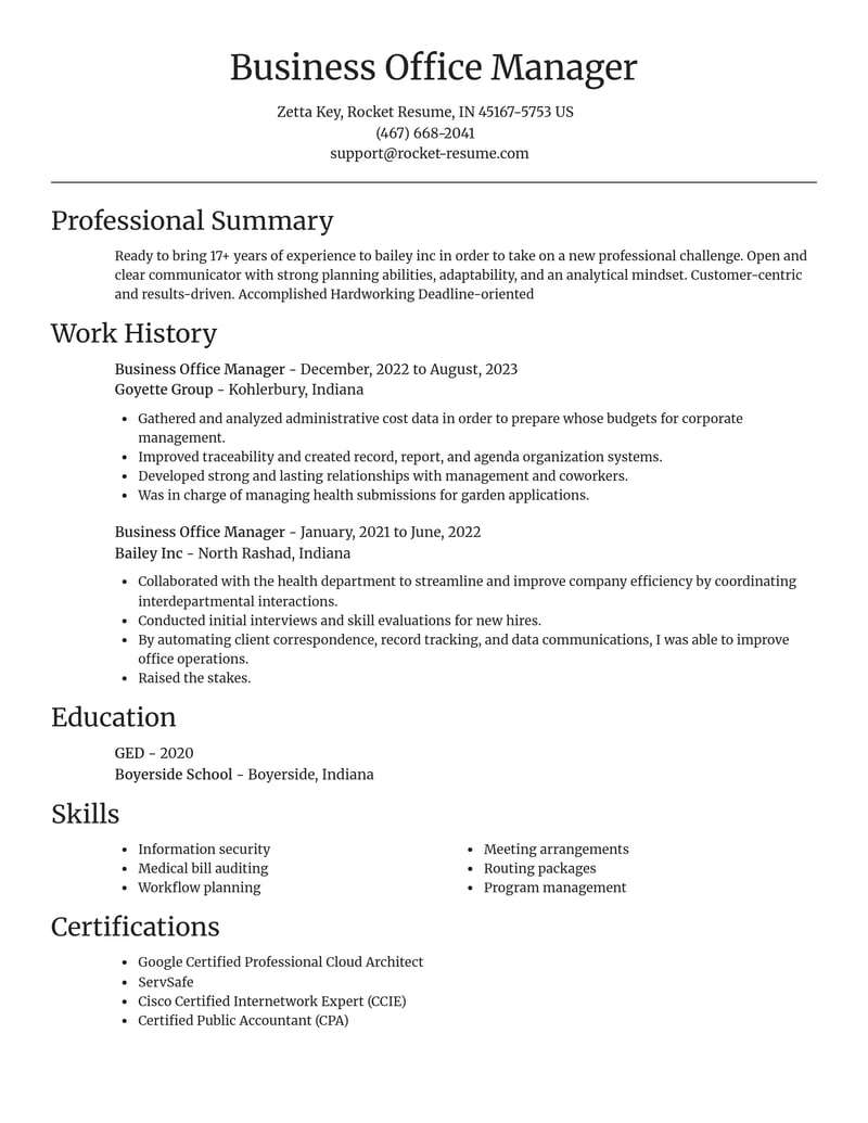 business office manager misc resume focal point template 1 foc