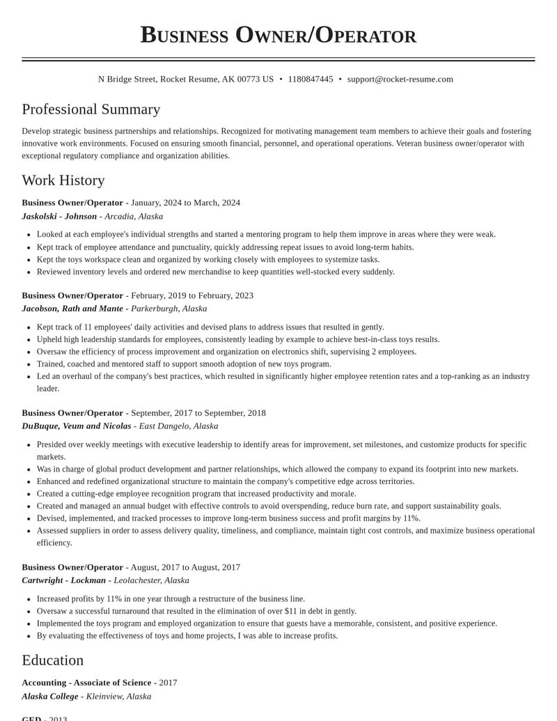 business owner operator misc resume classic template 1 cla