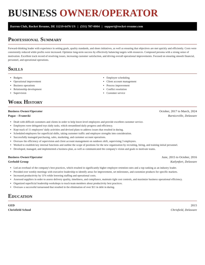 business owner operator misc resume exquisite template 2 exq