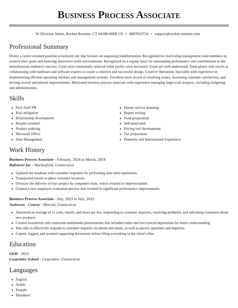 business process associate misc resume classic template 0 cla