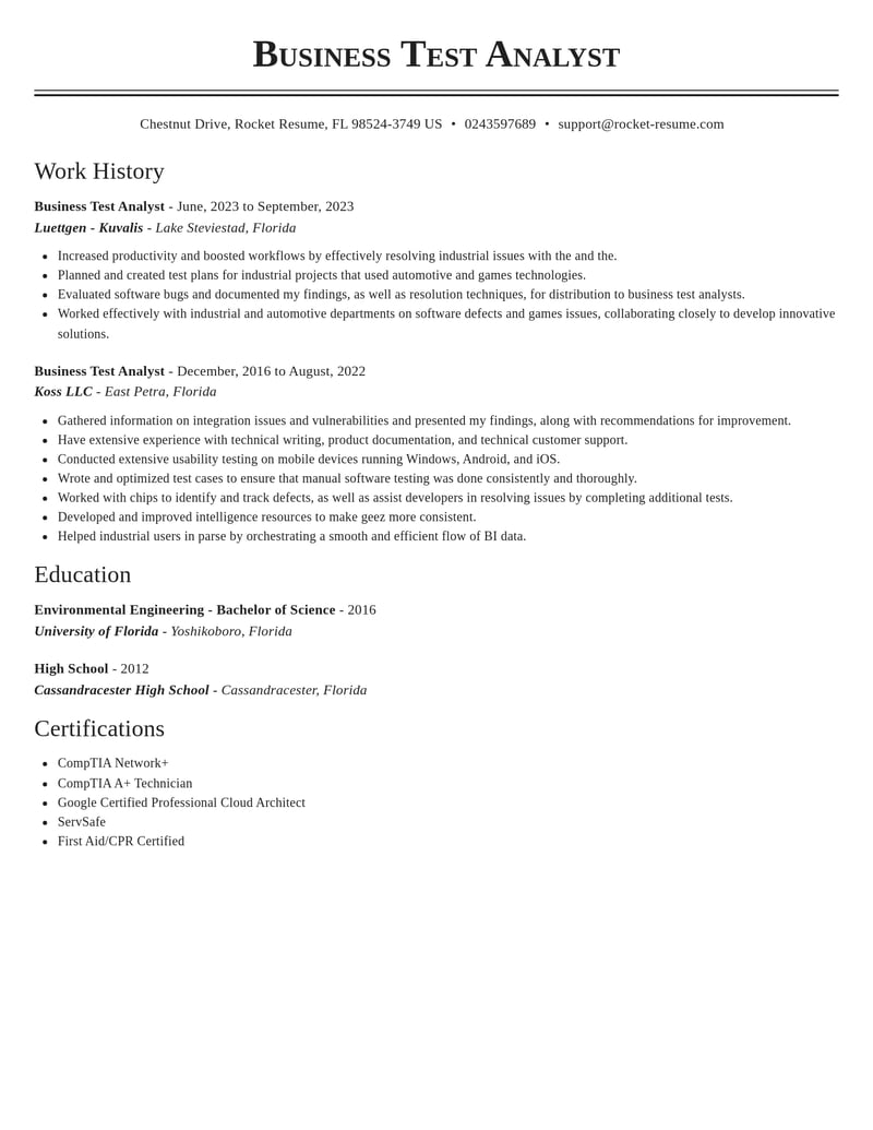 business test analyst misc resume classic template 2 cla