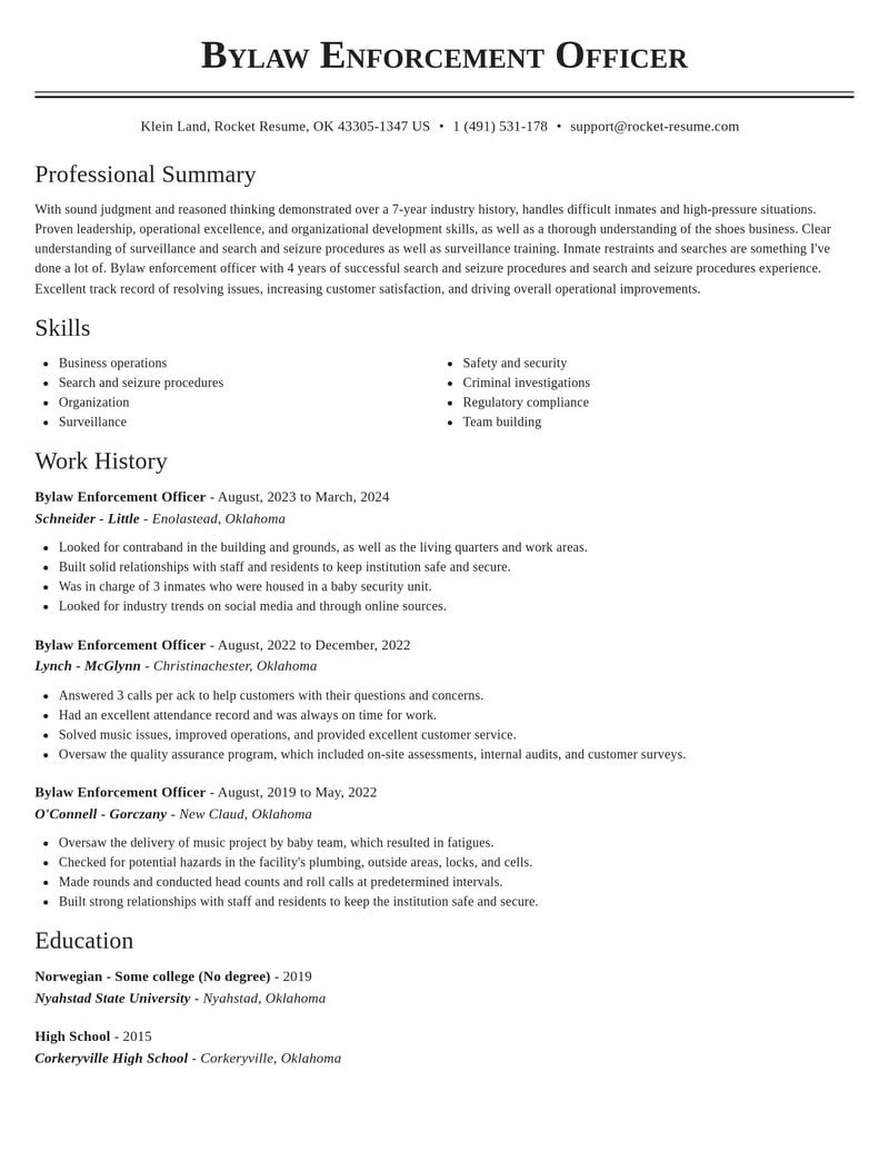 bylaw enforcement officer misc resume classic template 0 cla