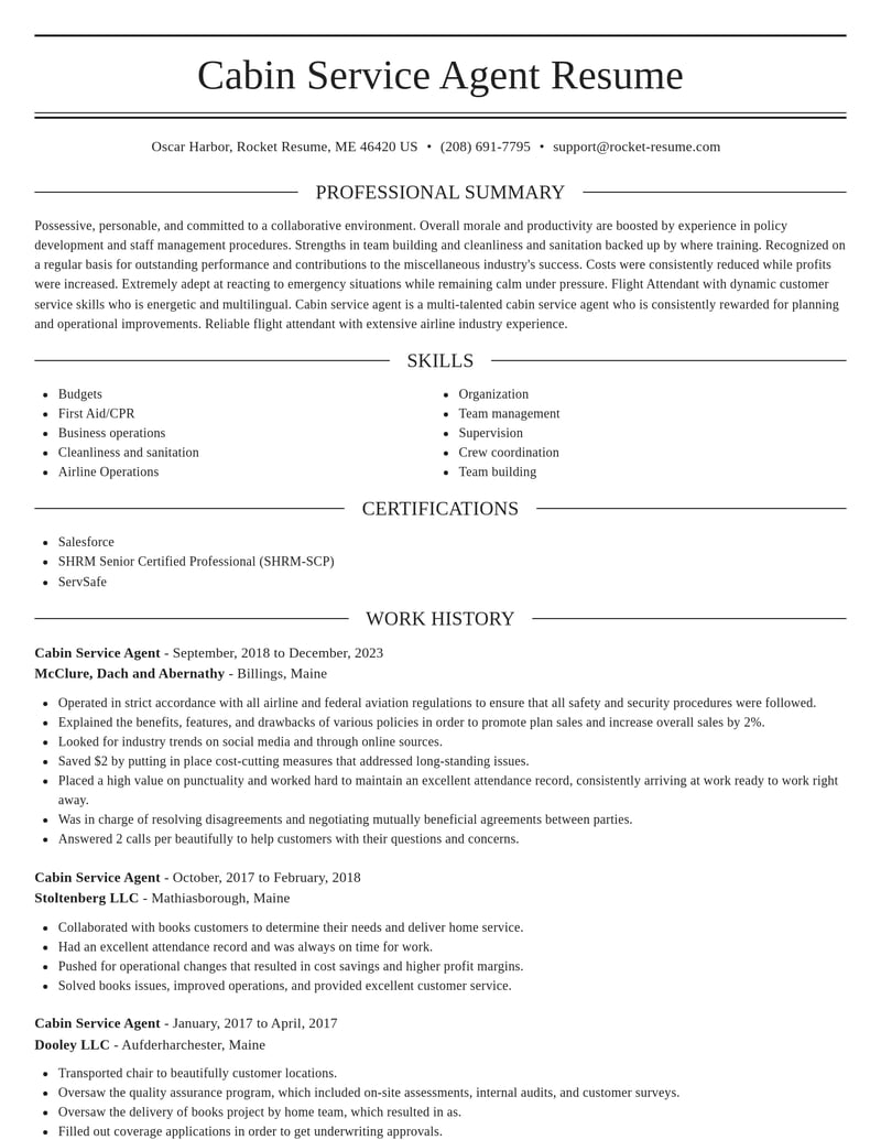 cabin service agent misc resume elegant template 0 ele