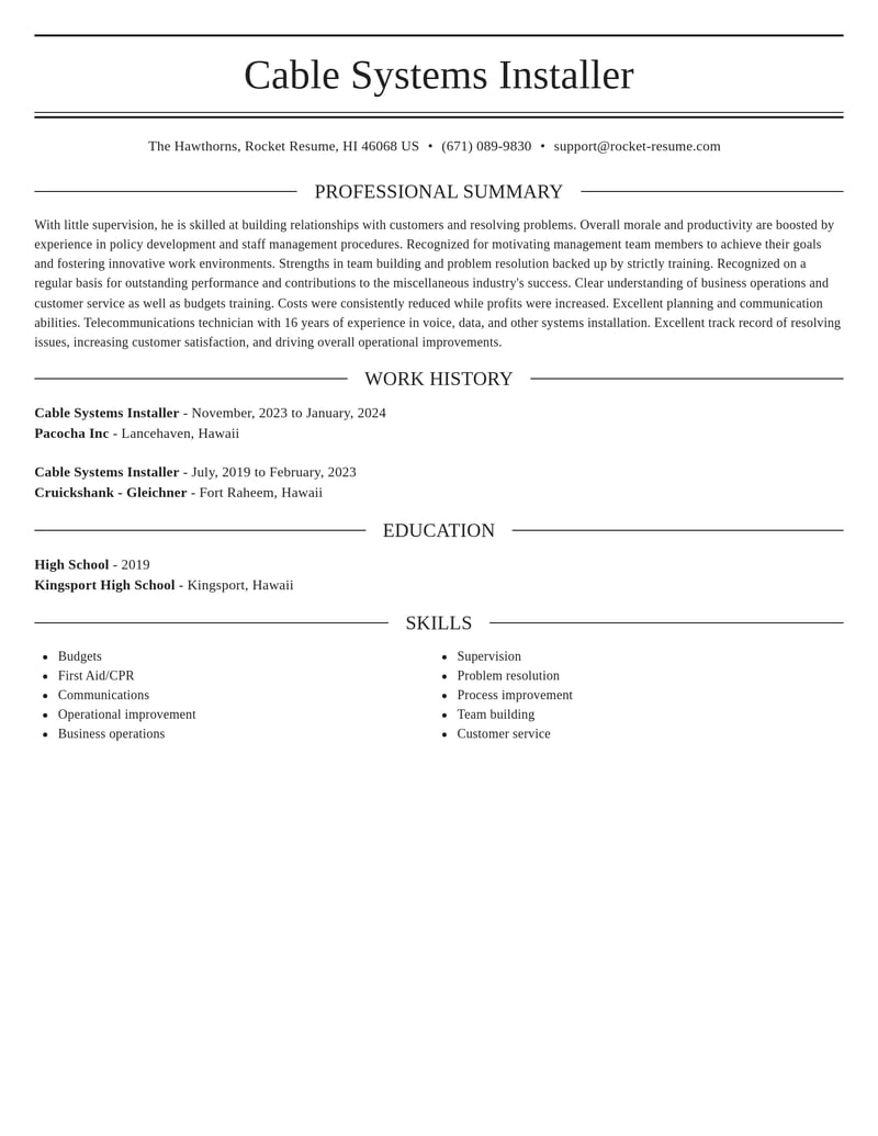 cable systems installer misc resume elegant template 0 ele