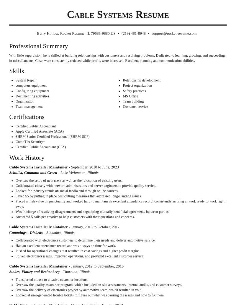 cable systems installer maintainer misc resume classic template 2 cla