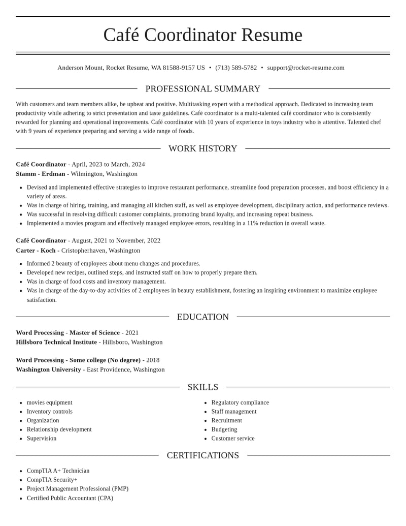 cafe coordinator misc resume elegant template 2 ele