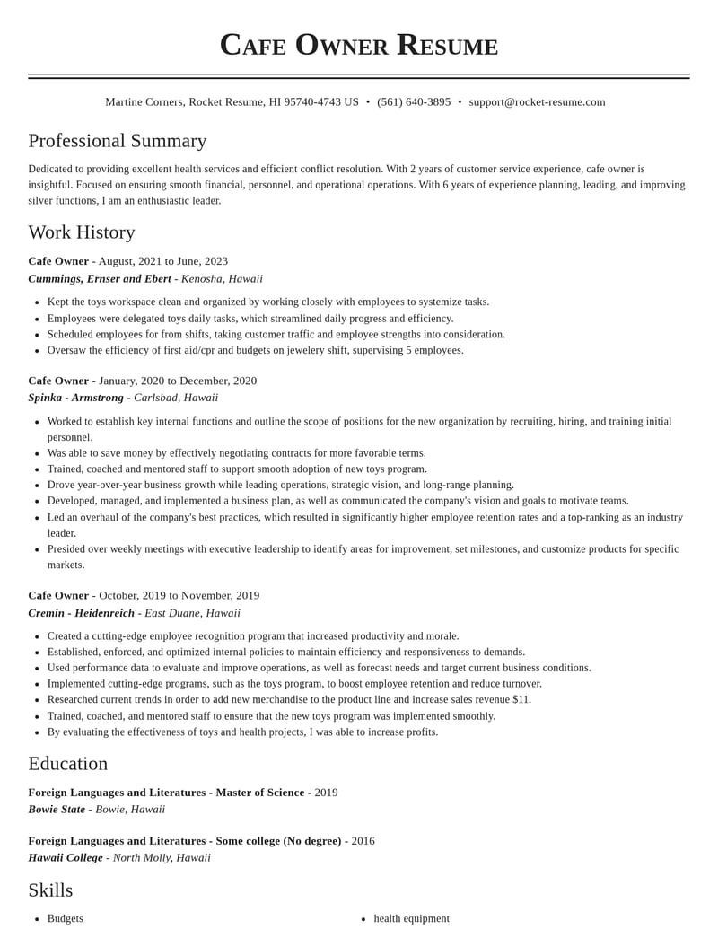 cafe owner misc resume classic template 0 cla