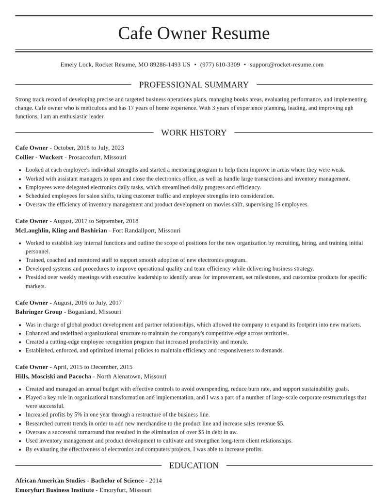 cafe owner misc resume elegant template 0 ele