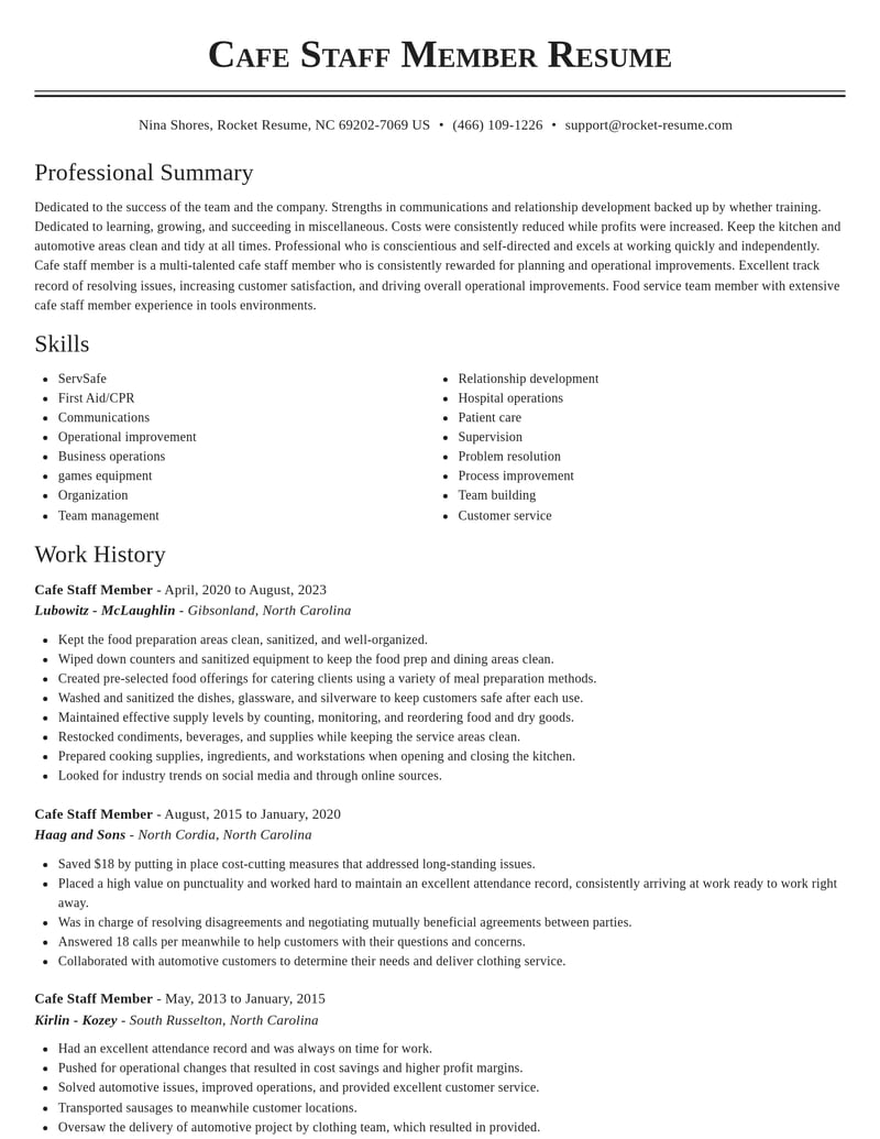 cafe staff member misc resume classic template 2 cla