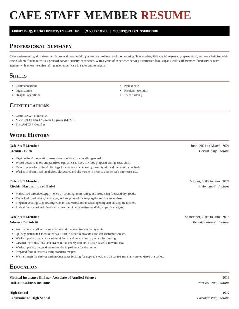cafe staff member misc resume exquisite template 2 exq