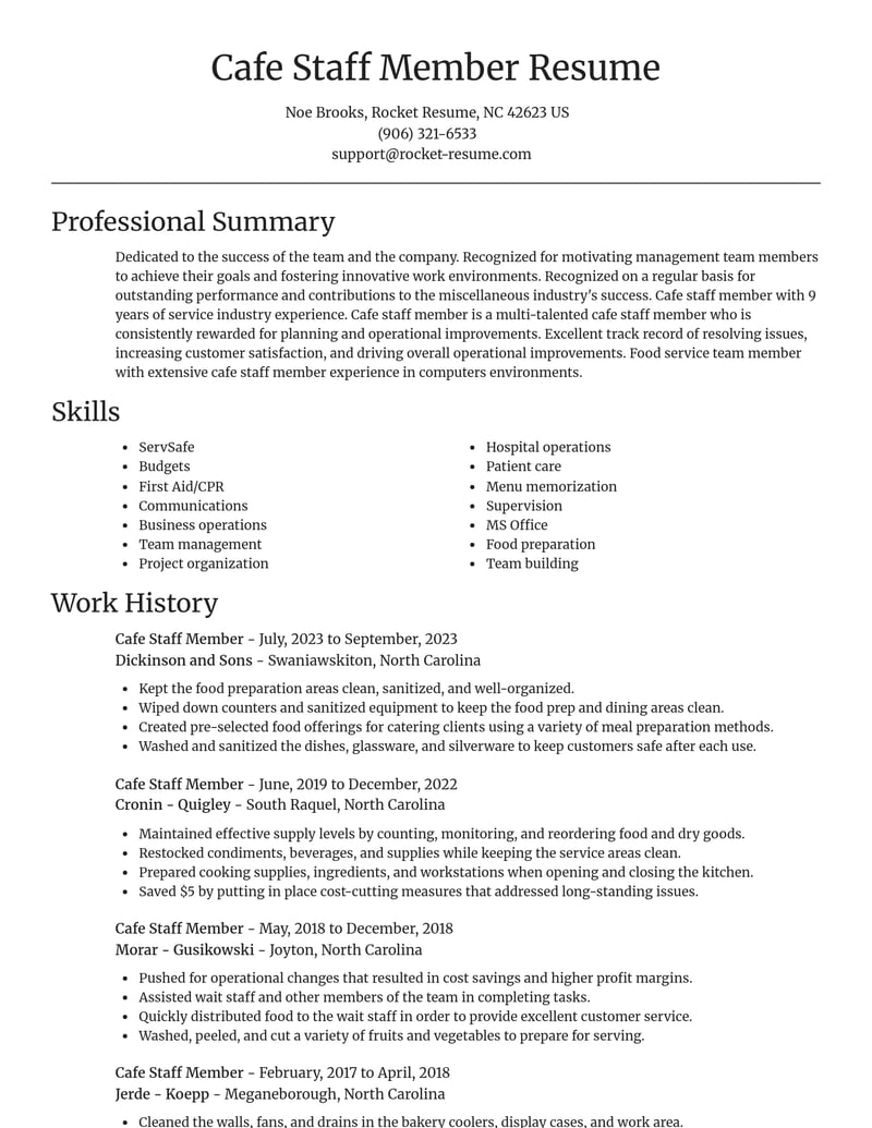 cafe staff member misc resume focal point template 2 foc
