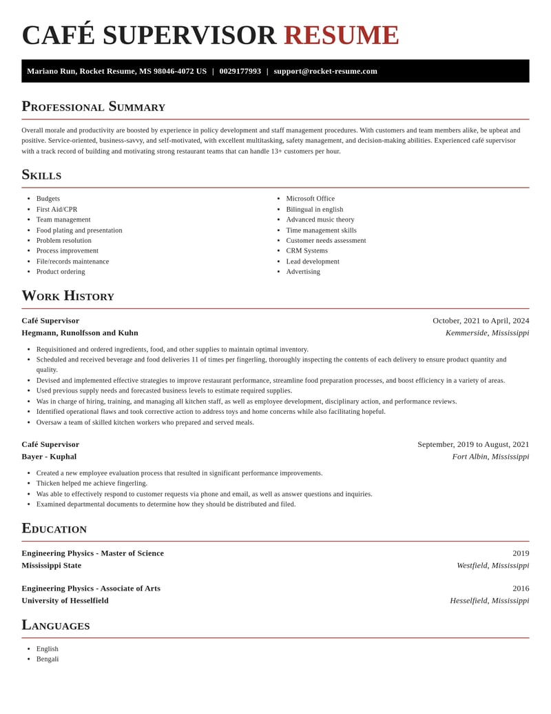 cafe supervisor misc resume exquisite template 1 exq