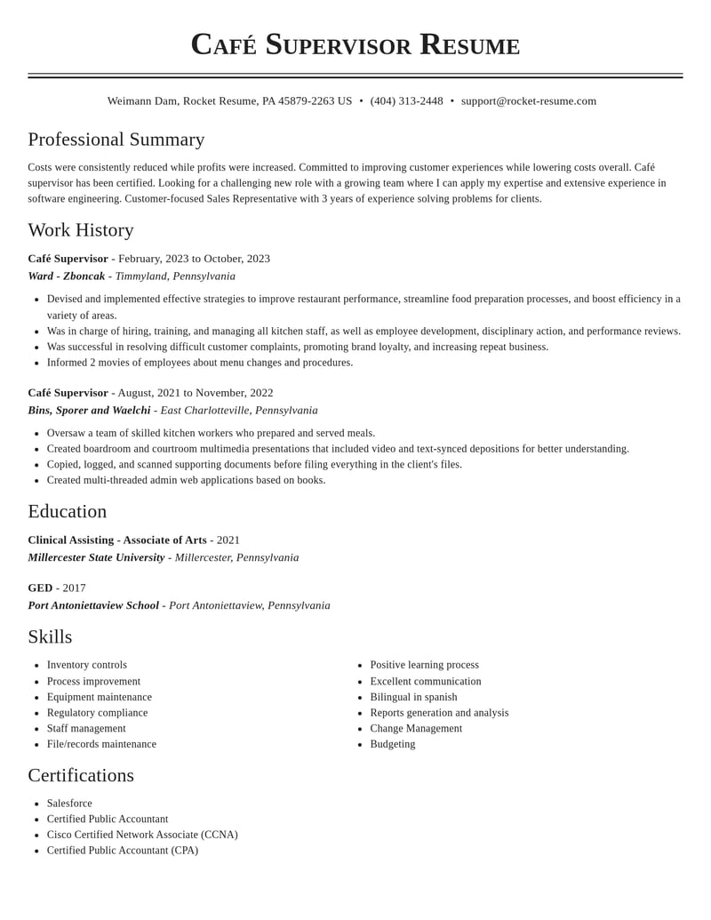 cafe supervisor misc resume classic template 2 cla