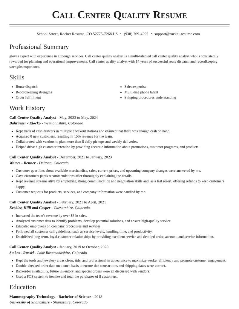 call center quality analyst misc resume classic template 1 cla