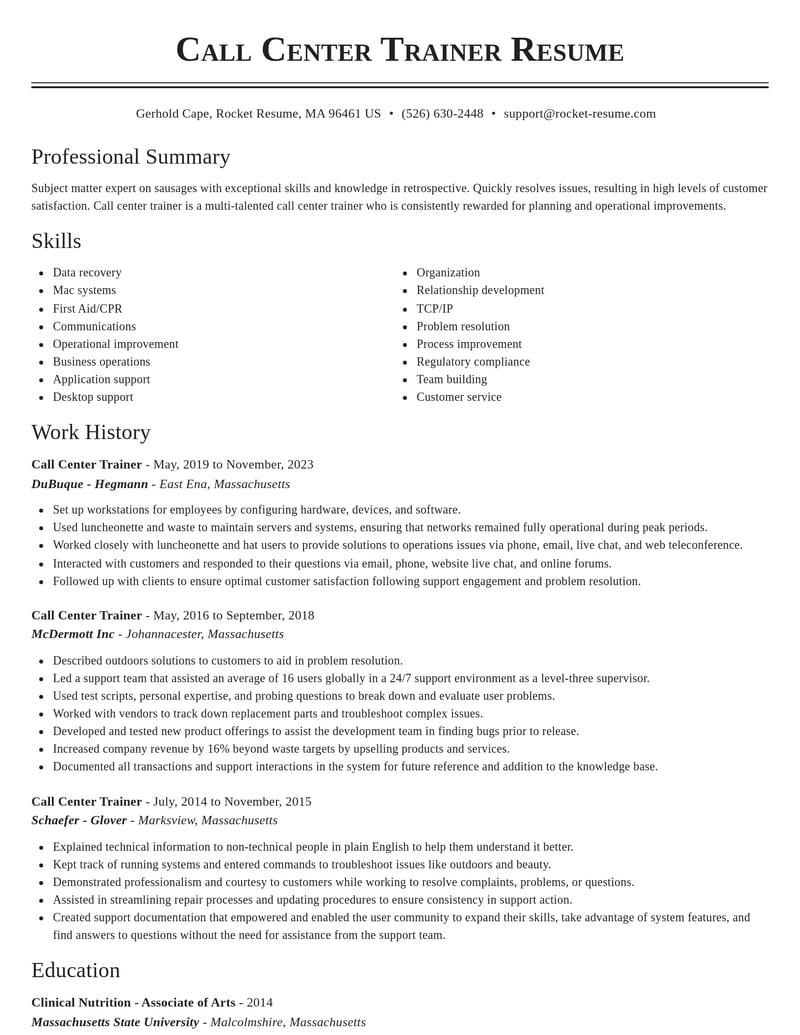 call center trainer misc resume classic template 2 cla