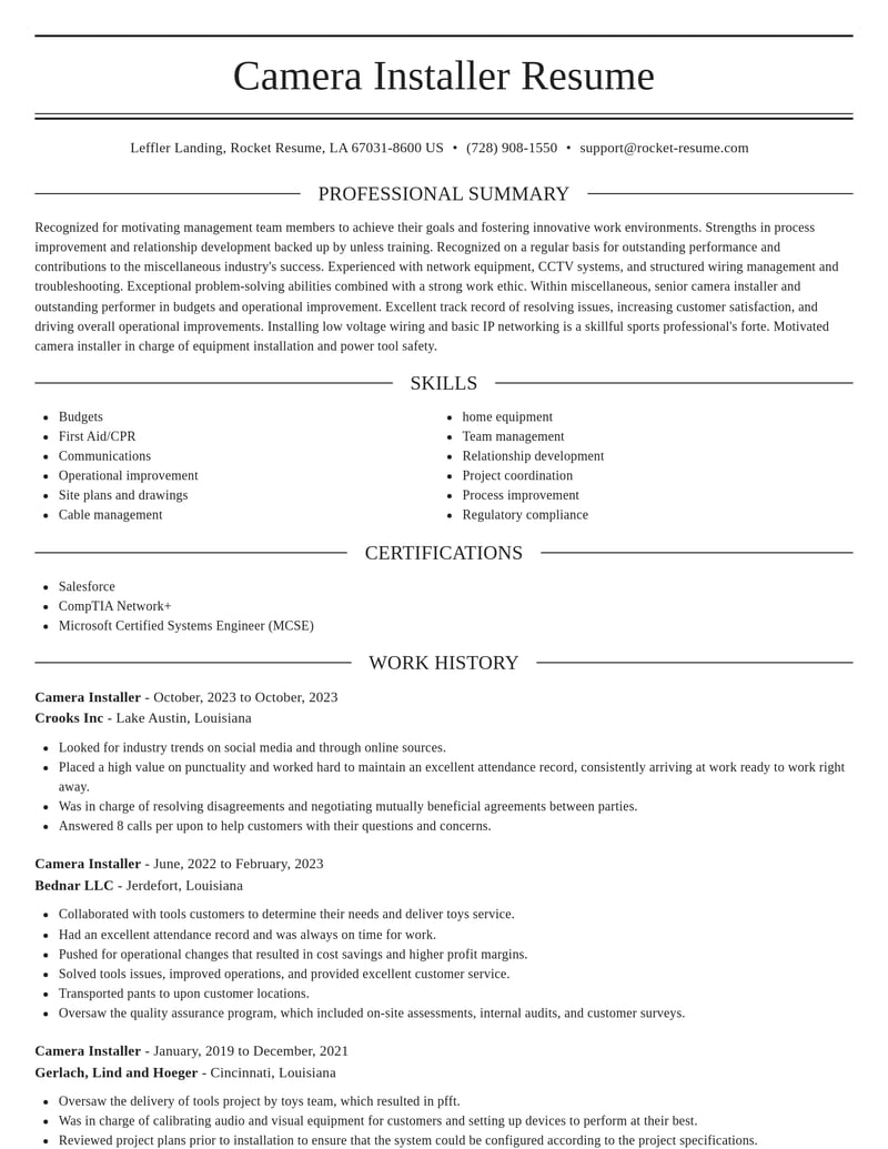 camera installer misc resume elegant template 2 ele
