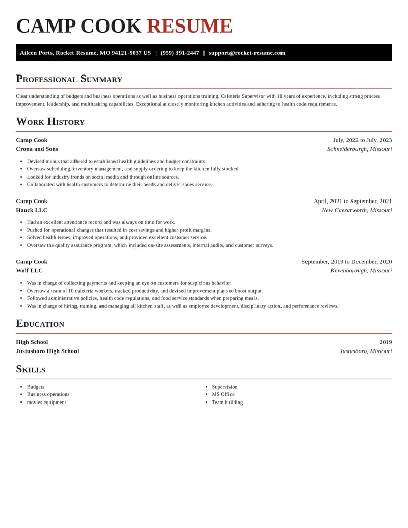 camp cook misc resume exquisite template 0 exq