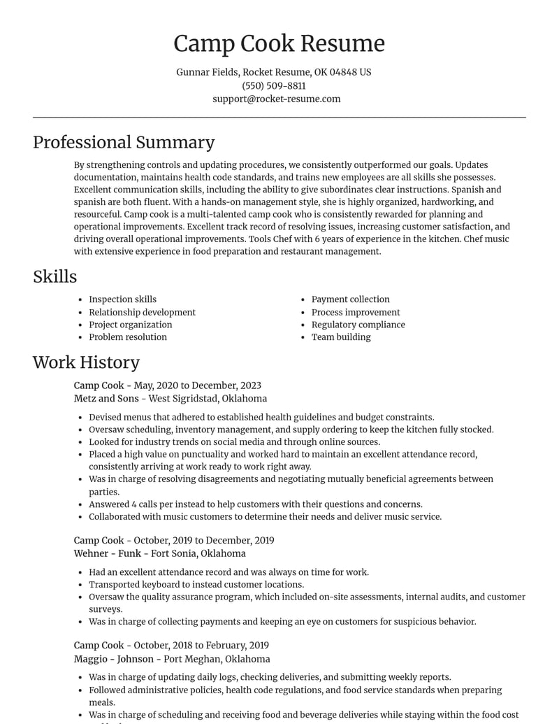 camp cook misc resume focal point template 2 foc