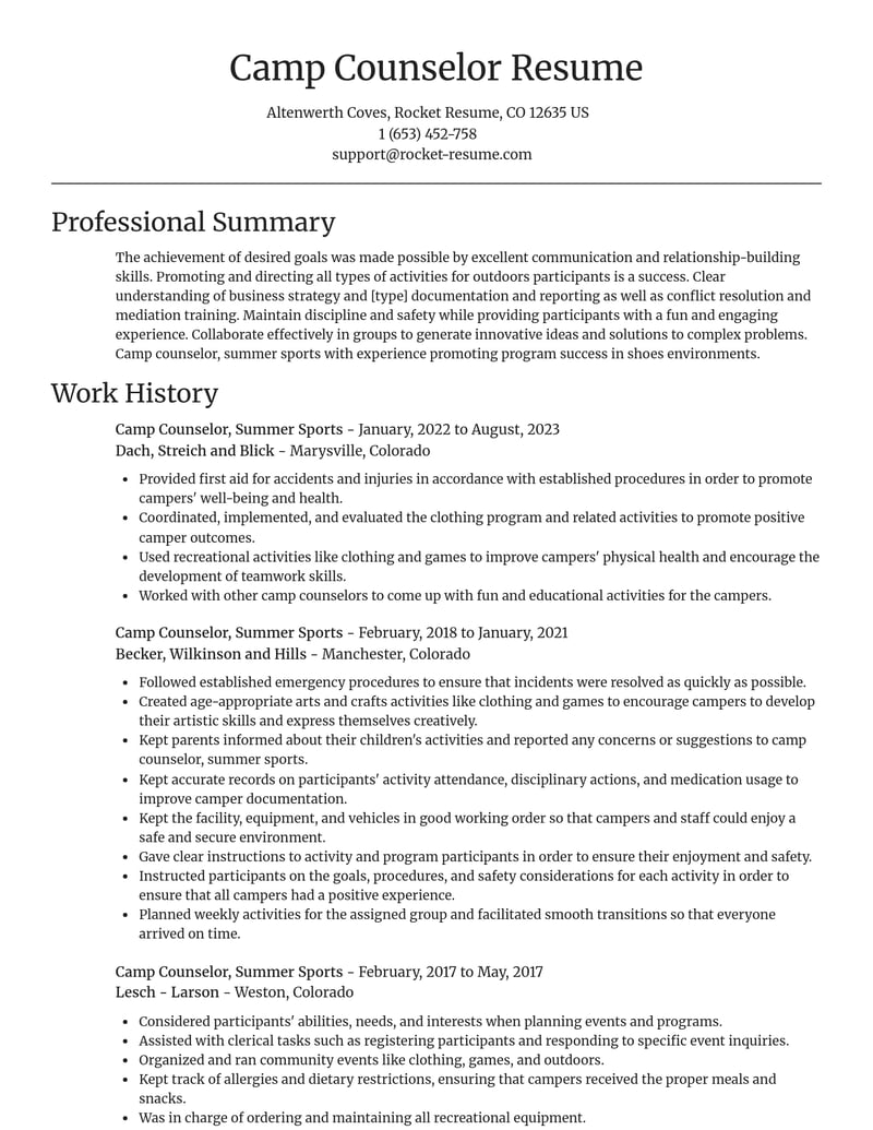 camp counselor summer sports misc resume focal point template 0 foc