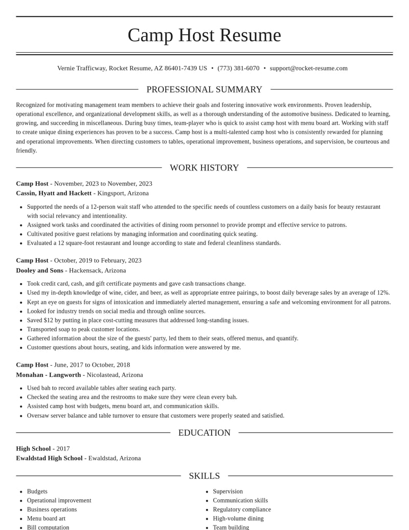 camp host misc resume elegant template 2 ele