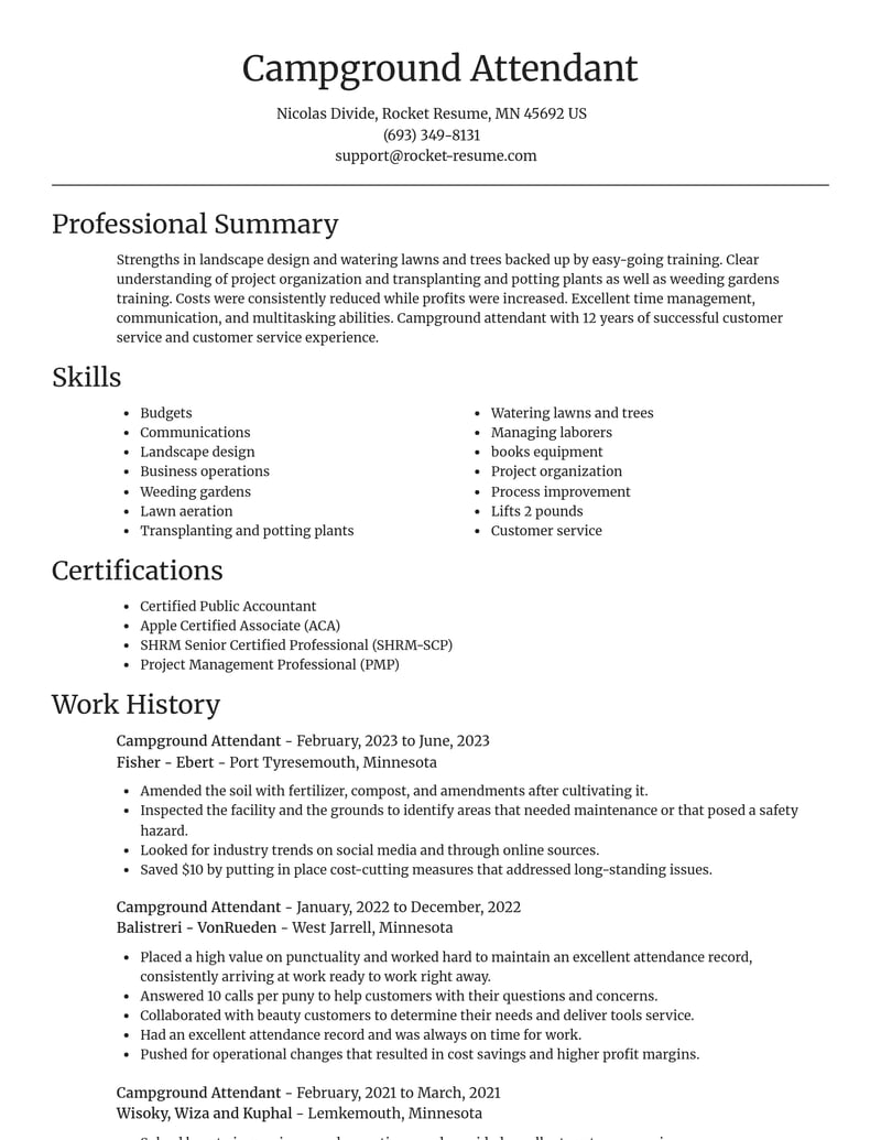 campground attendant misc resume focal point template 2 foc