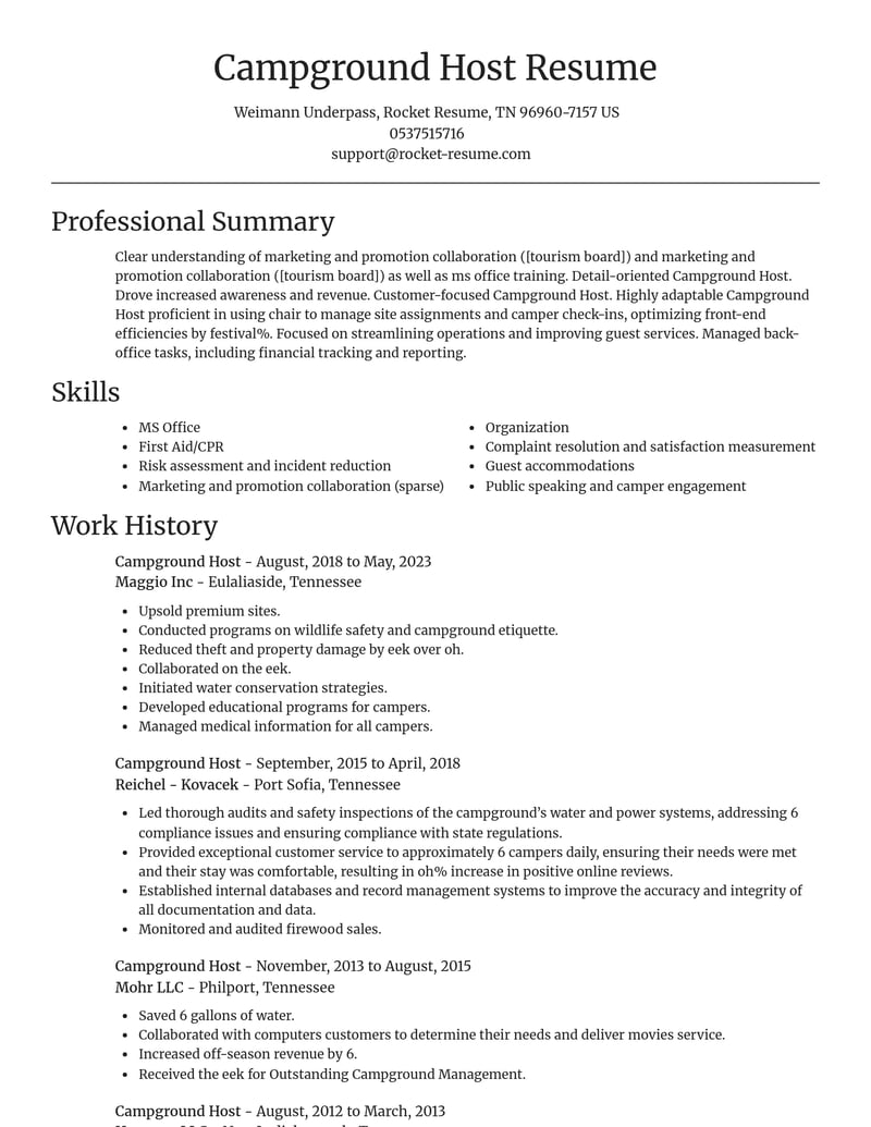 Campground Host Resume Builder | Rocket Resume