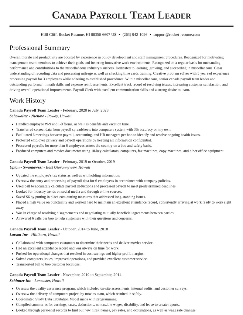 canada payroll team leader misc resume classic template 0 cla