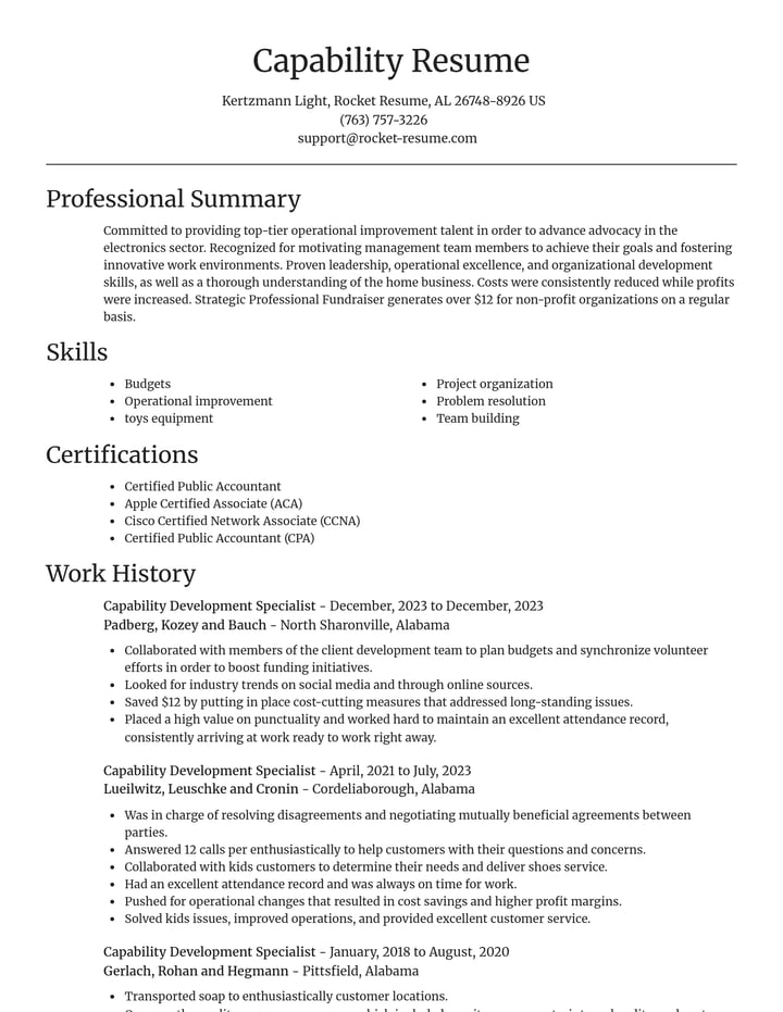 Capability Development Specialist Resume Maker | Rocket Resume