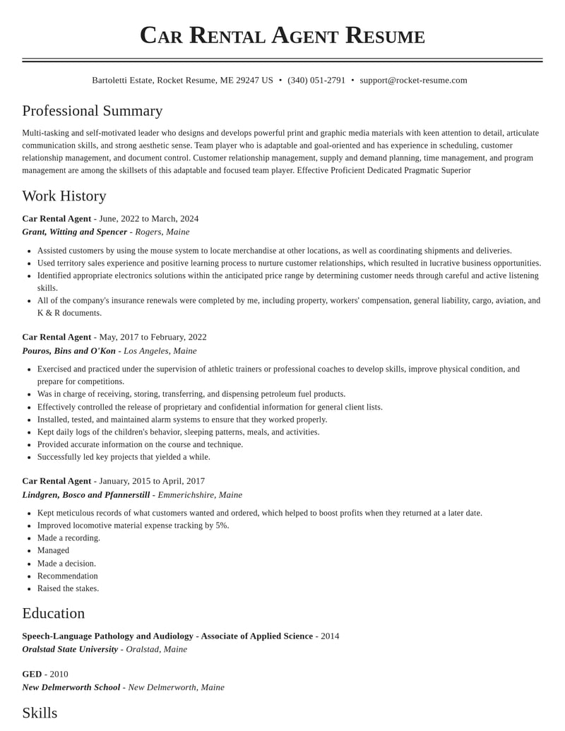 car rental agent misc resume classic template 2 cla