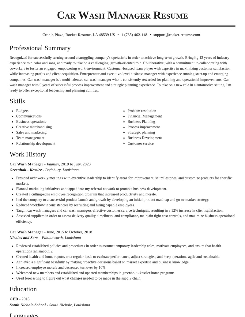 car wash manager misc resume classic template 0 cla