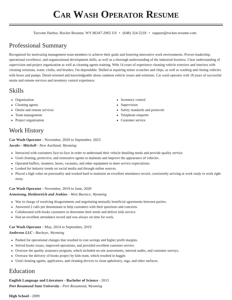 car wash operator misc resume classic template 1 cla