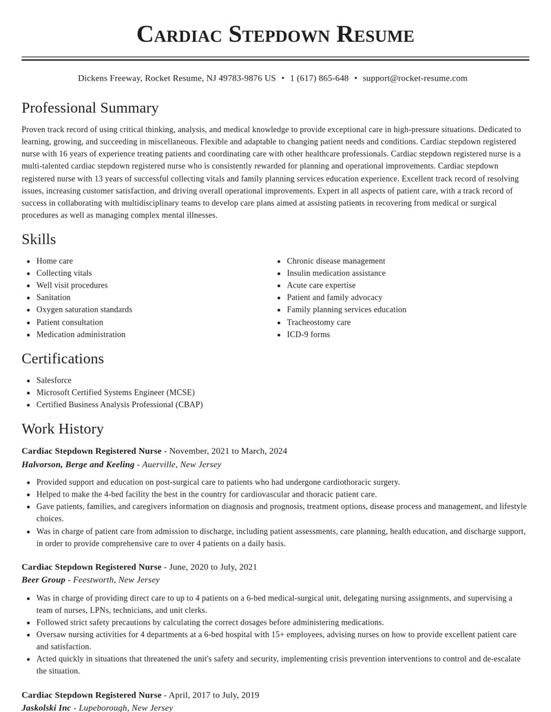 cardiac stepdown registered nurse misc resume classic template 2 cla