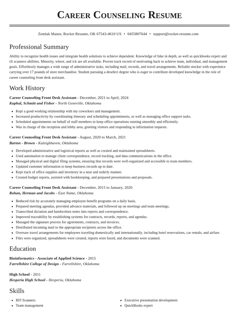 career counseling front desk assistant misc resume classic template 1 cla
