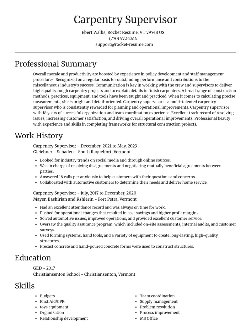carpentry supervisor misc resume focal point template 2 foc