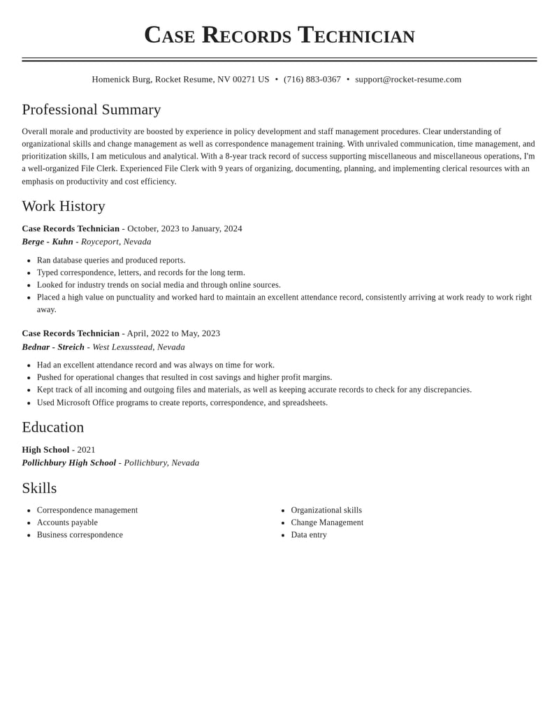 case records technician misc resume classic template 2 cla