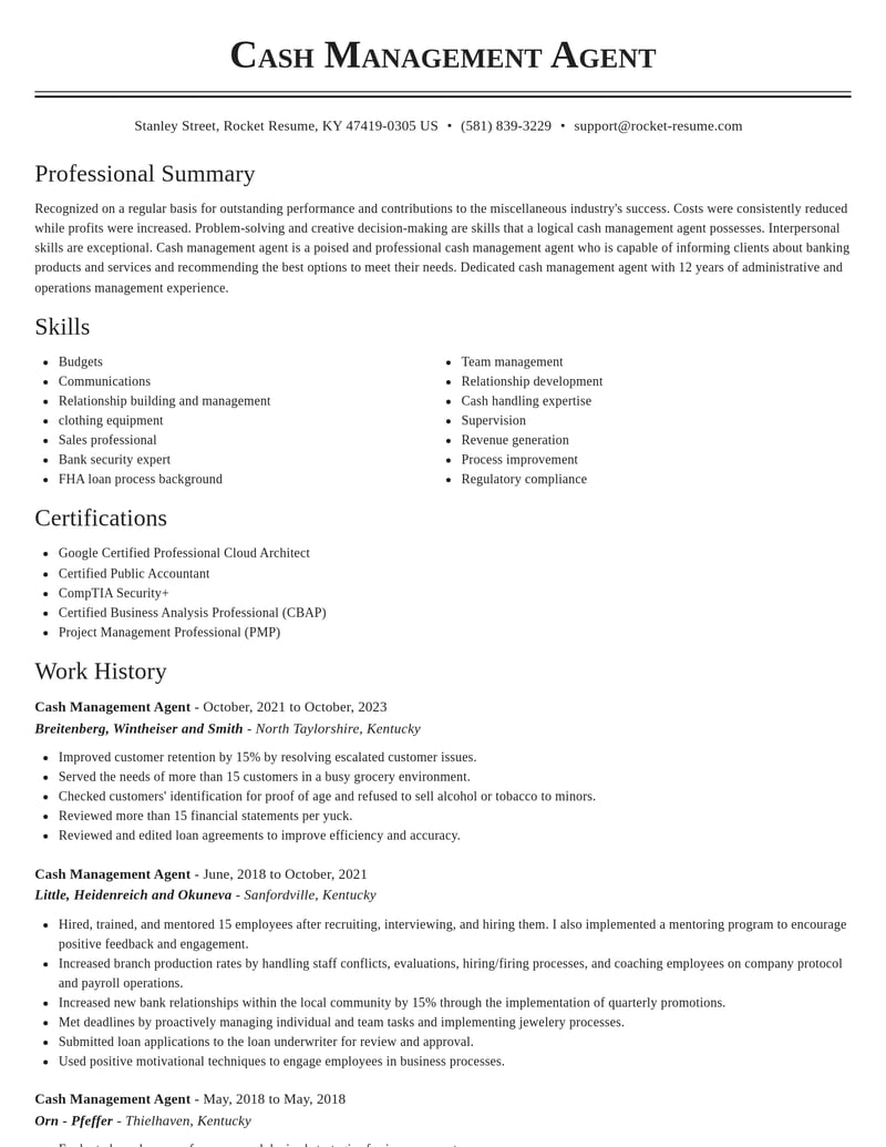 cash management agent misc resume classic template 1 cla