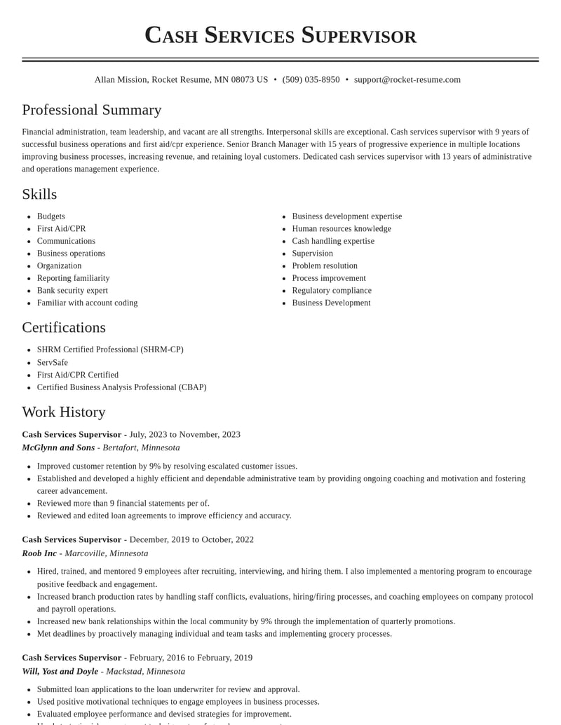 cash services supervisor misc resume classic template 0 cla