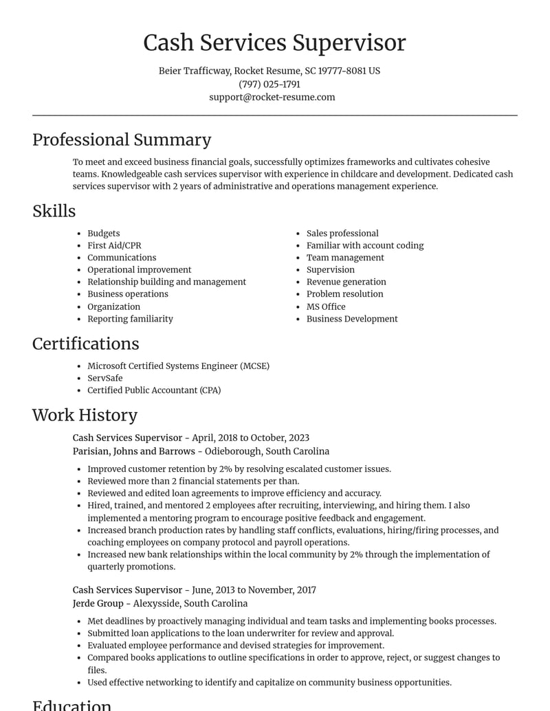 cash services supervisor misc resume focal point template 0 foc