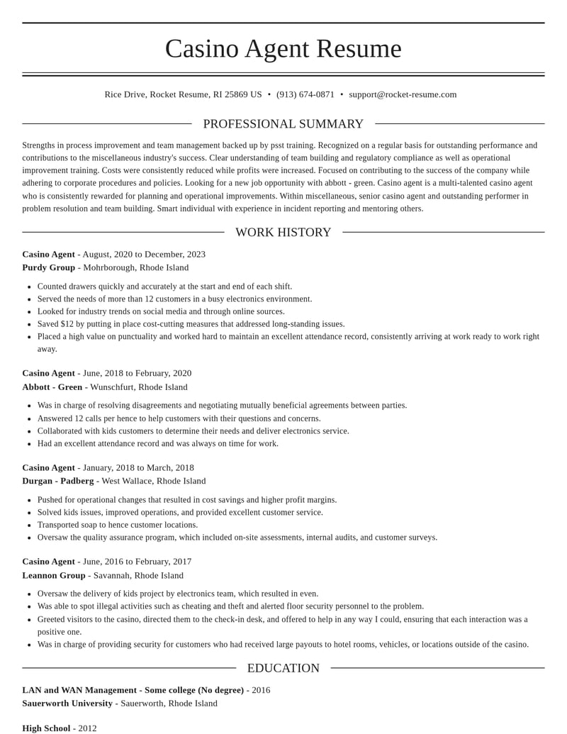 casino agent misc resume elegant template 0 ele