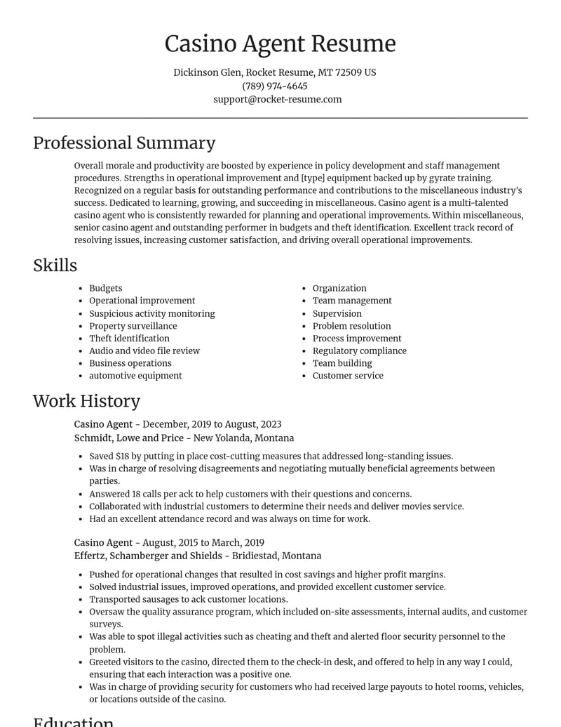 casino agent misc resume focal point template 2 foc