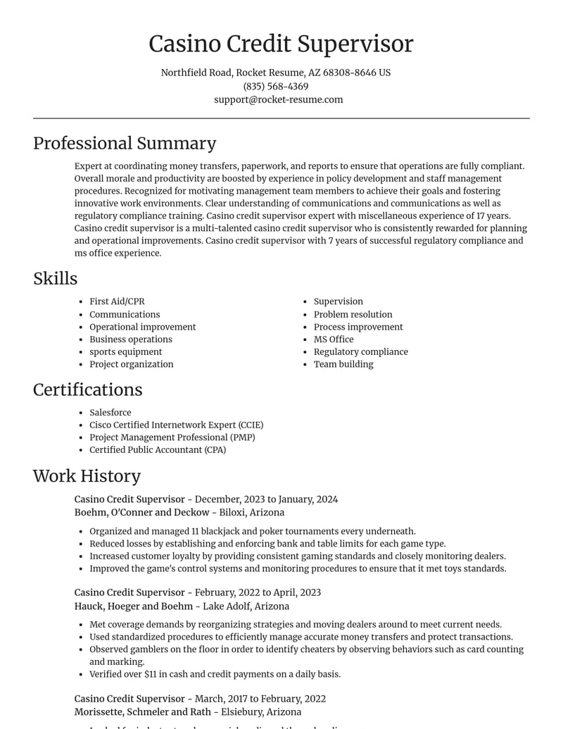 casino credit supervisor misc resume focal point template 2 foc