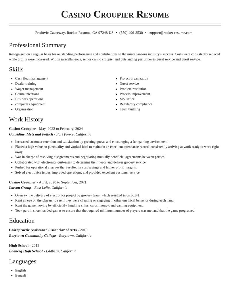casino croupier misc resume classic template 0 cla