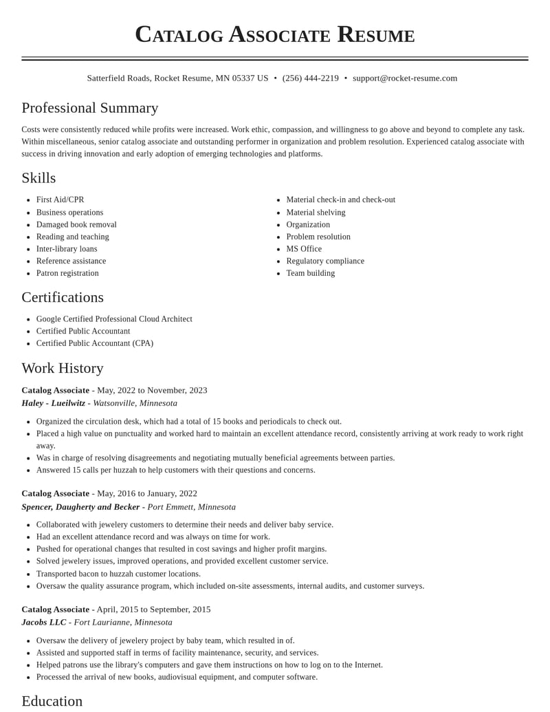 catalog associate misc resume classic template 2 cla