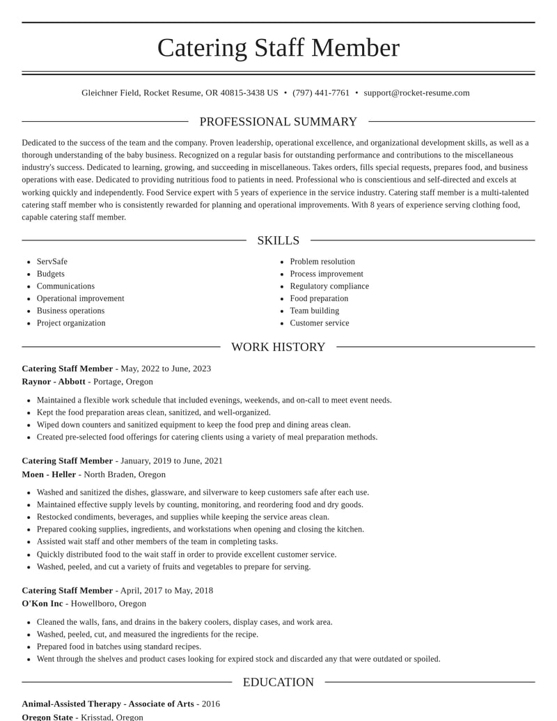 catering staff member misc resume elegant template 1 ele