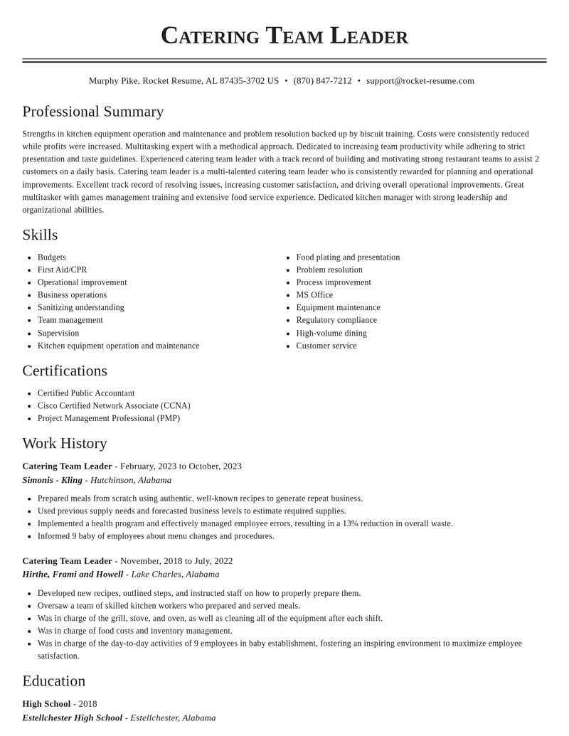 catering team leader misc resume classic template 2 cla